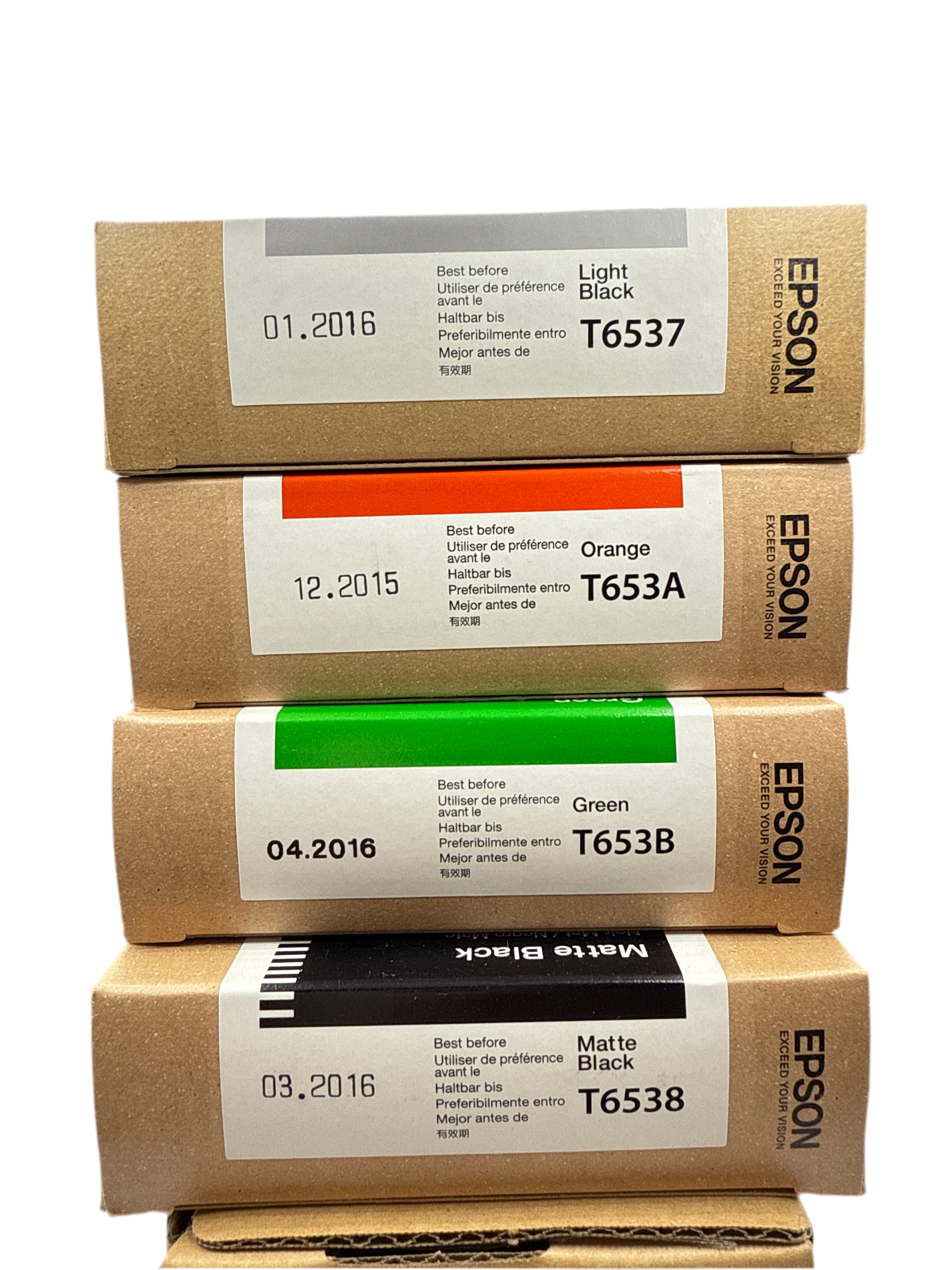 (7) Unopened Expired Epson T653x Ink Cartridges - Plus (1) Sealed T6190 Maint. Box (0197)