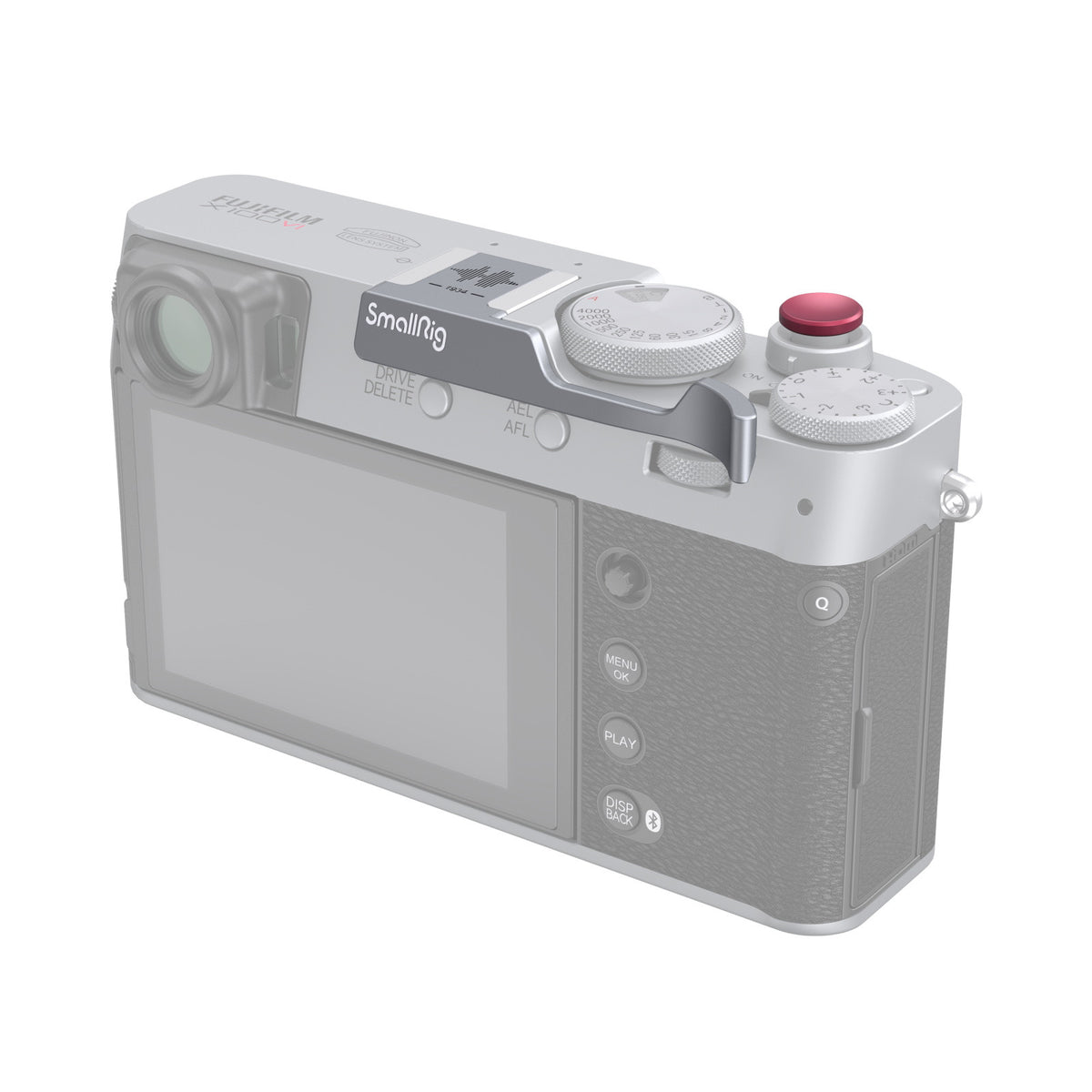 Rear three-quarter view of the SmallRig 4566 silver thumb grip mounted on a FUJIFILM X100VI.