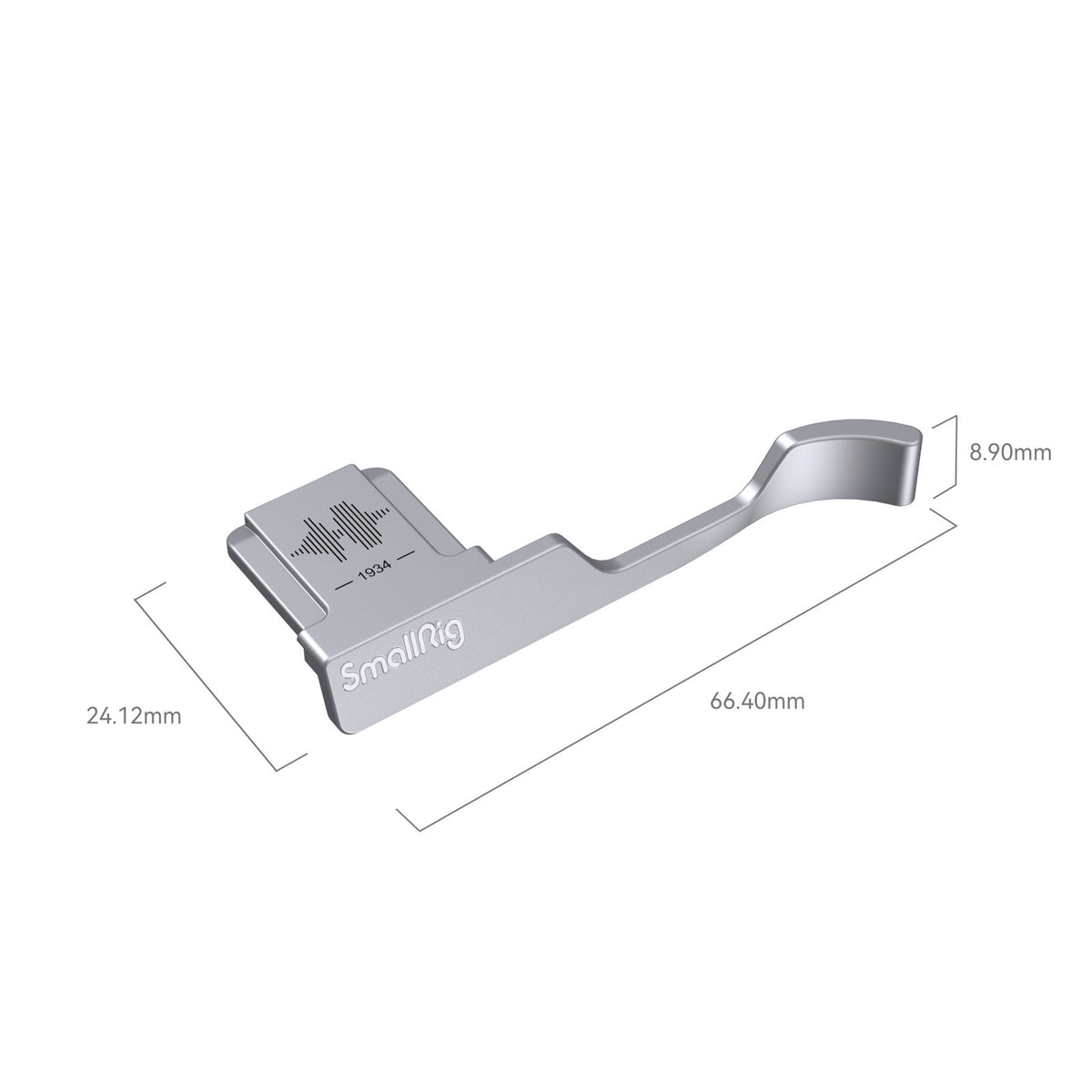 Angled view of the SmallRig 4566 silver thumb grip with dimension annotations.