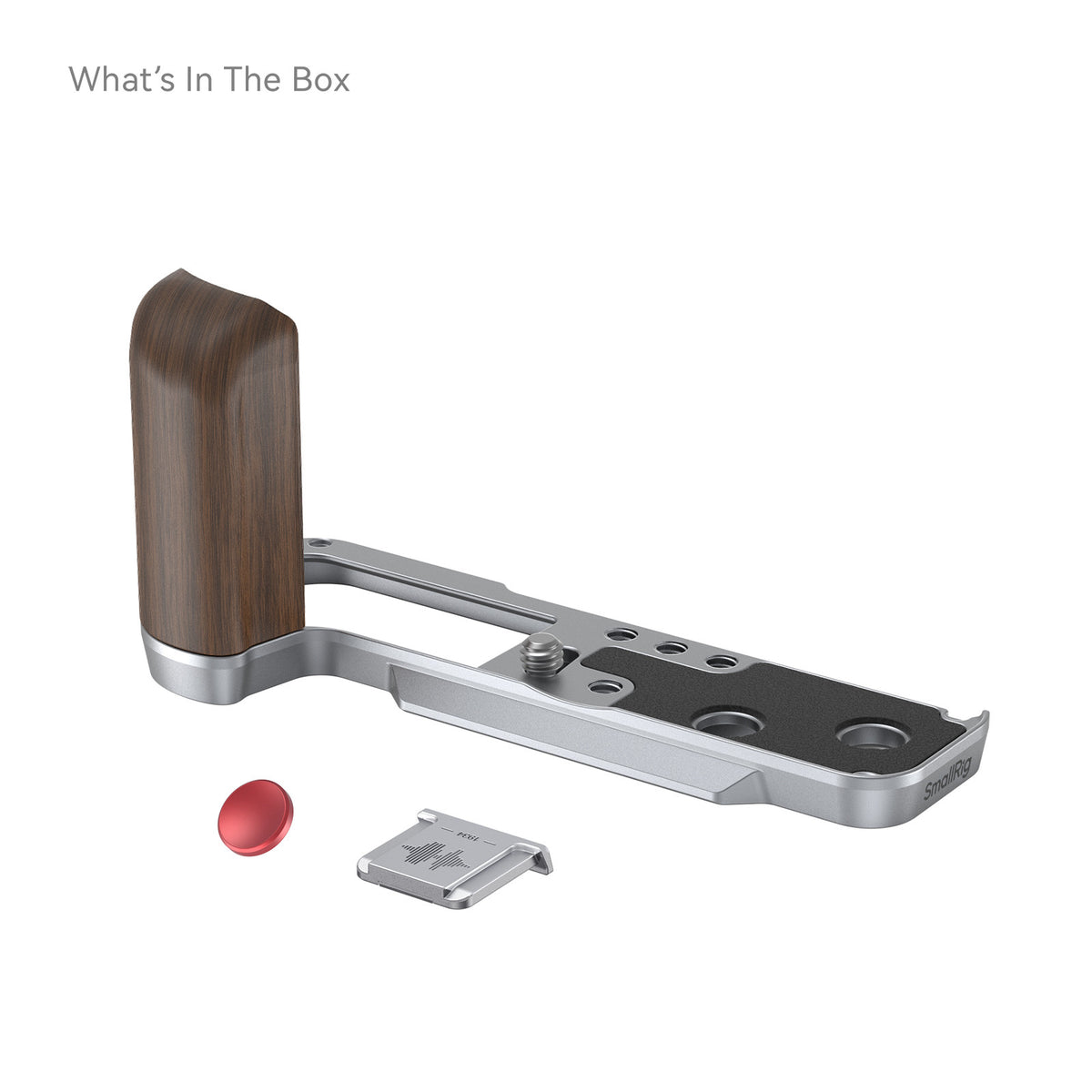SmallRig 4804 silver wooden L-shaped grip, kit view with red shutter button and silver hot shoe cover.