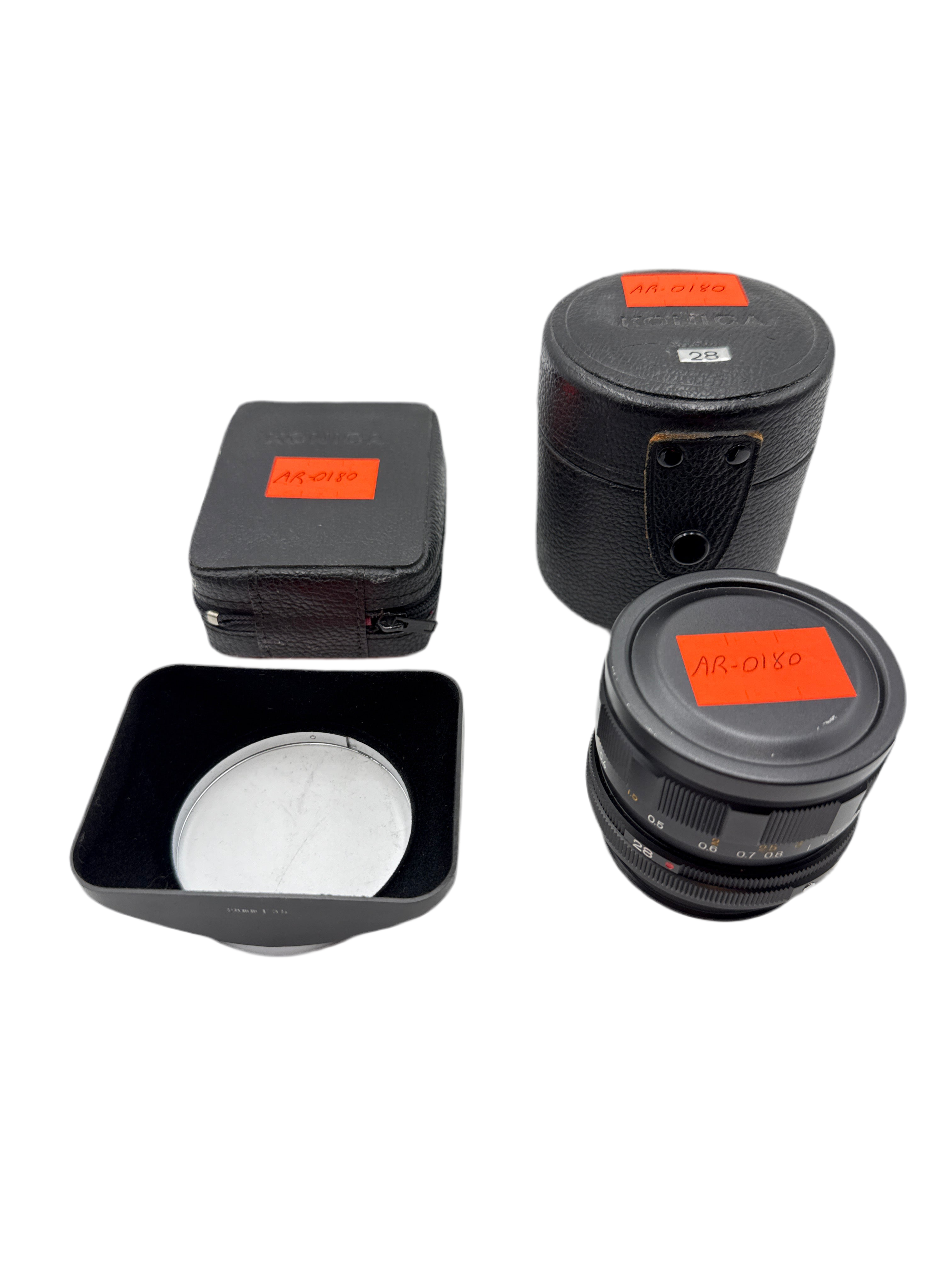 Konica Hexanon AR 28mm f/3.5 w/ Hood & Cases (0180)