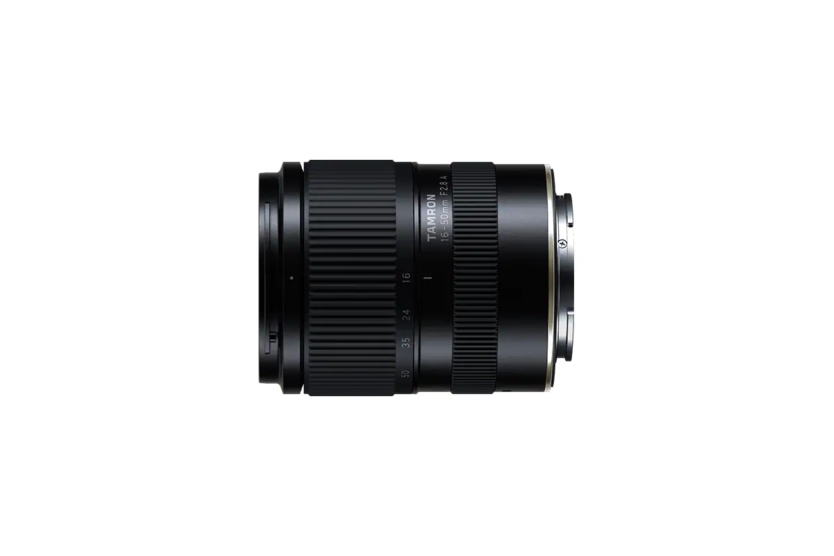Tamron 16-50mm F2.8 A Sony E lens top and side view