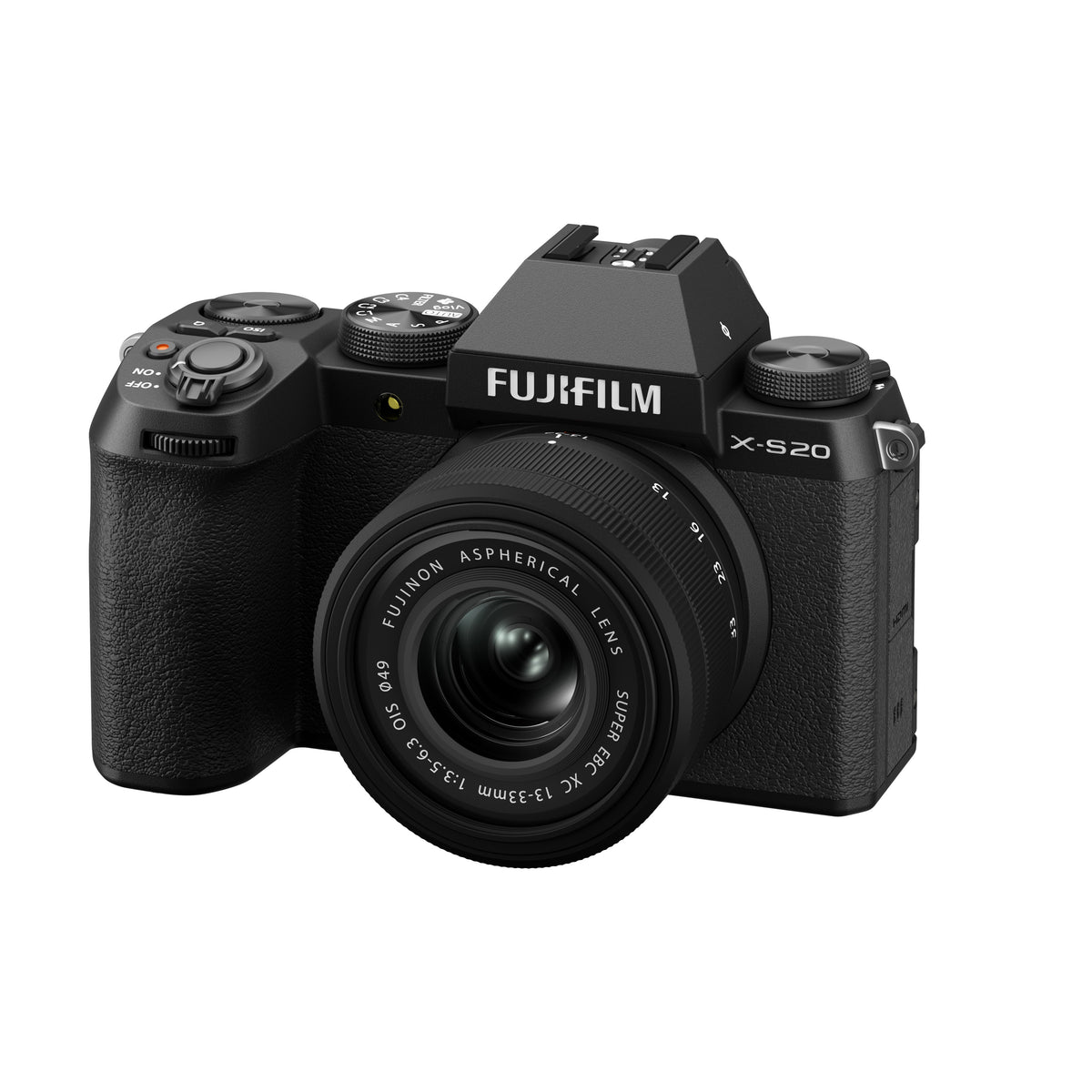 XC13-33mmF3.5-6.3 OIS lens shown on an X-S20 camera, angled left view