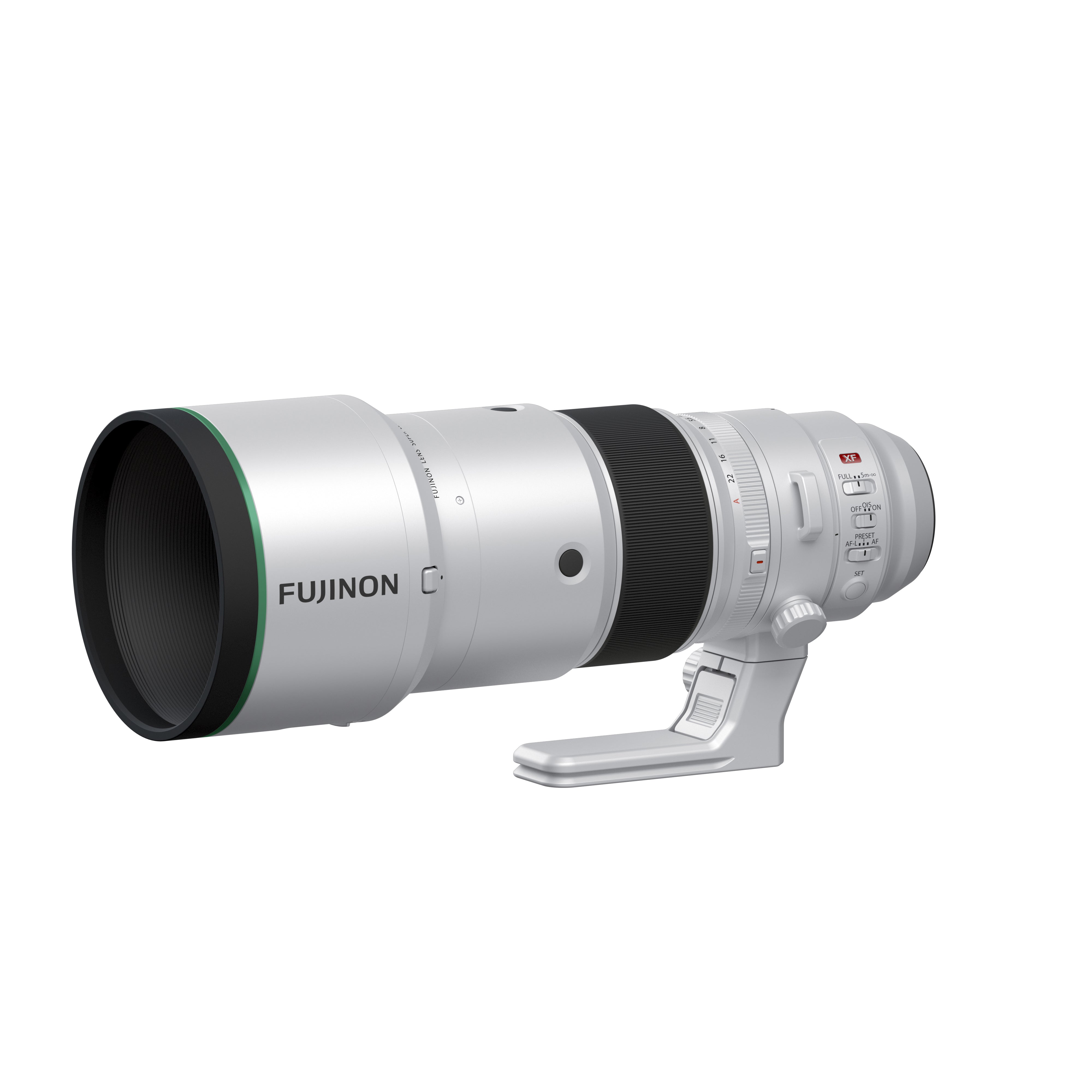 Fujifilm XF 400mm f/4.5 lens with hood, left-side view