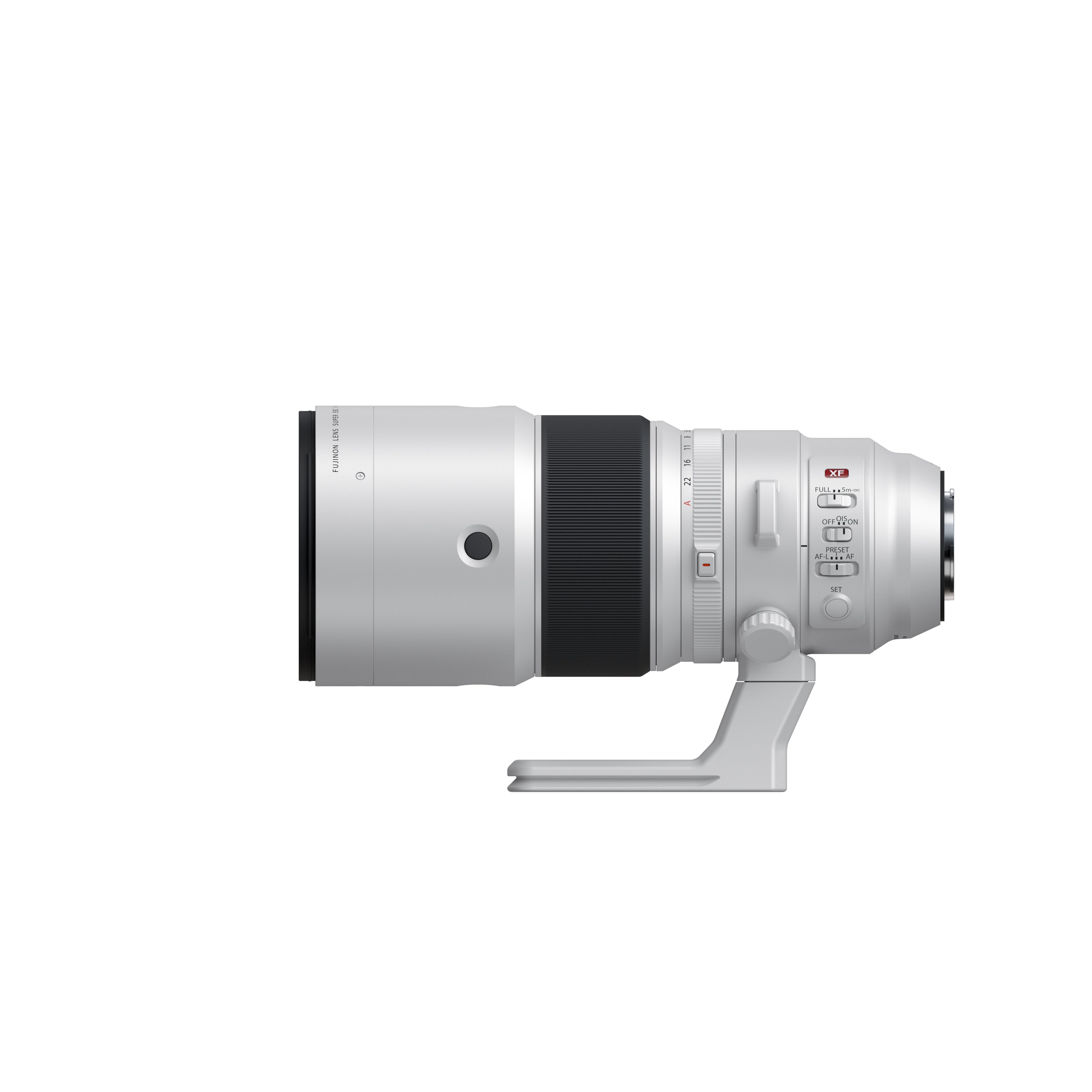 Fujifilm XF 400mm f/4.5 lens without hood, left-side view
