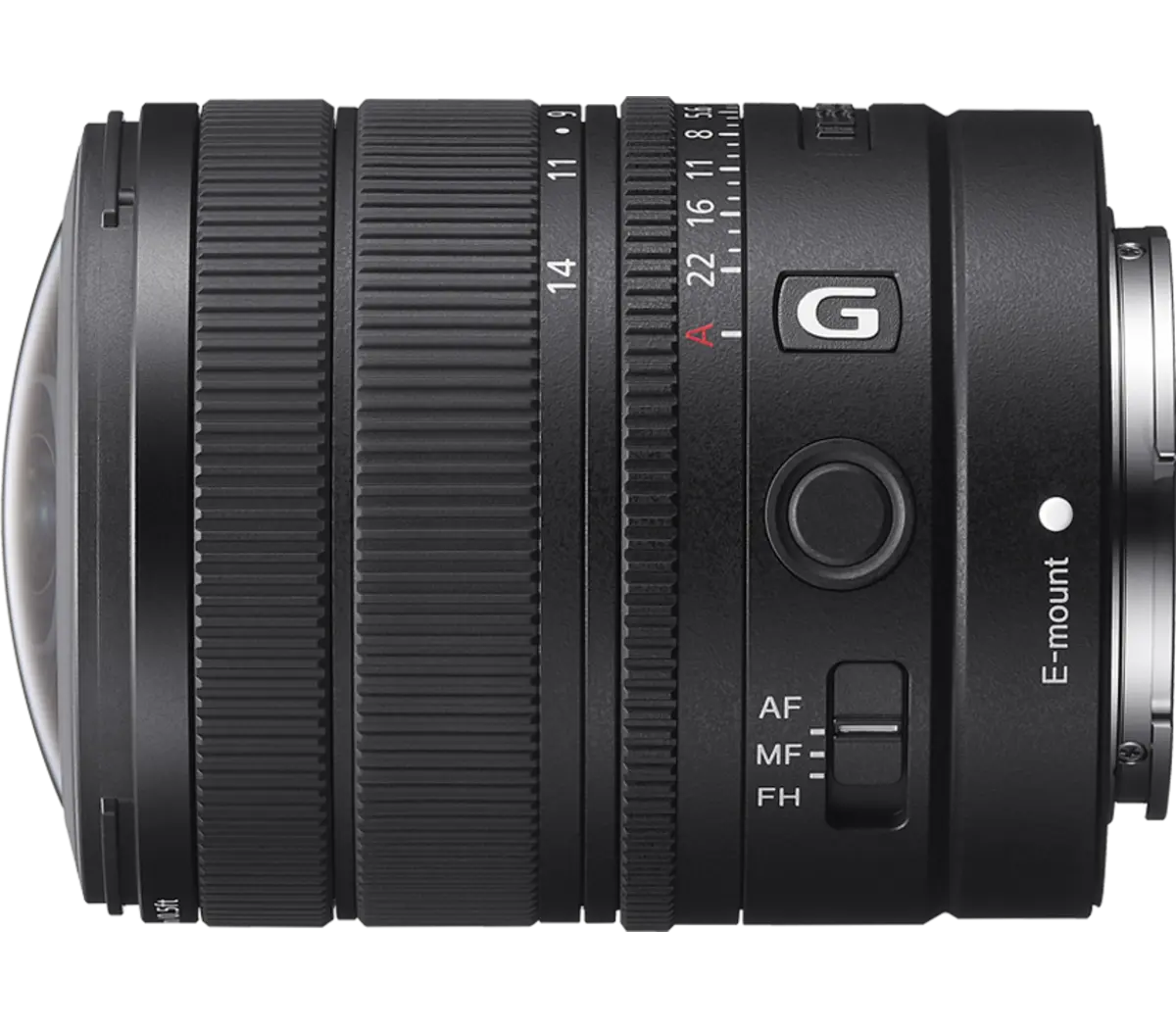 Sony SEL814G lens without the hood, viewed from the side showing the focus button and AF/MF/FH switch.