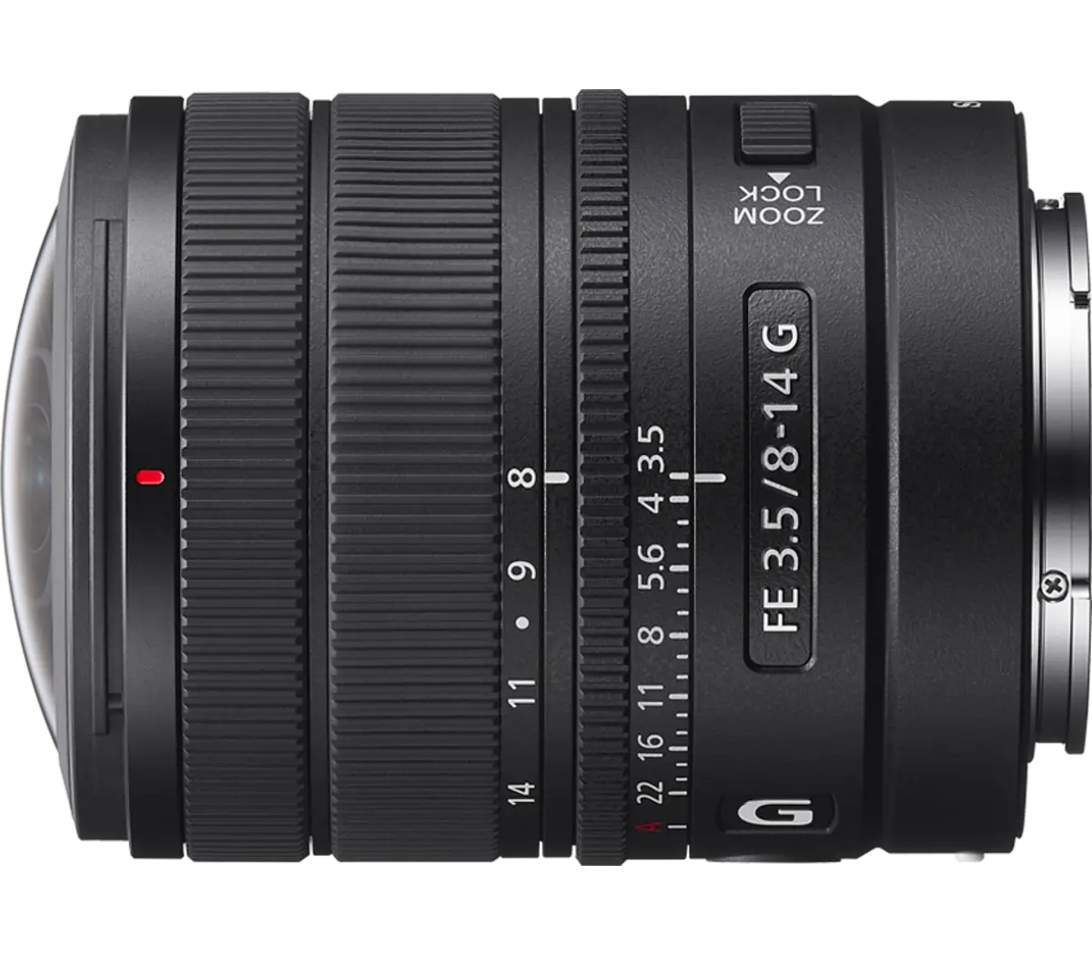 Sony SEL814G lens viewed from above, showing the model marking and ring scales.