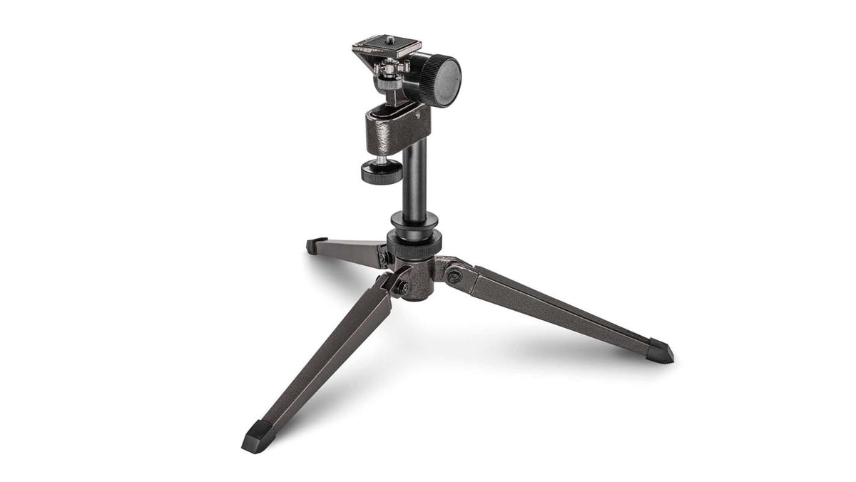 Hawke model 64102 black adjustable tabletop tripod, three-quarter view with legs spread