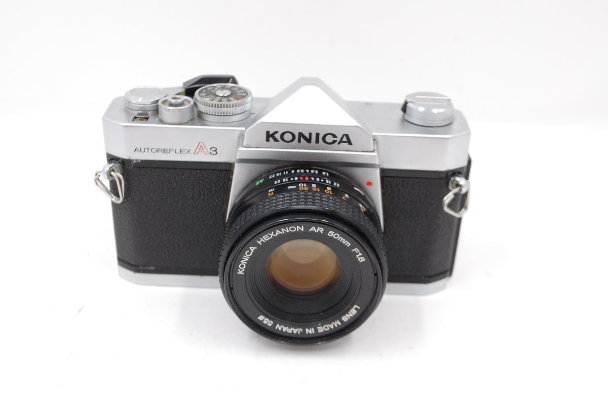 USED Konica Autoreflex A3 Silver SLR Film Camera w/ Hexanon AR 50mm f/1.8 Lens