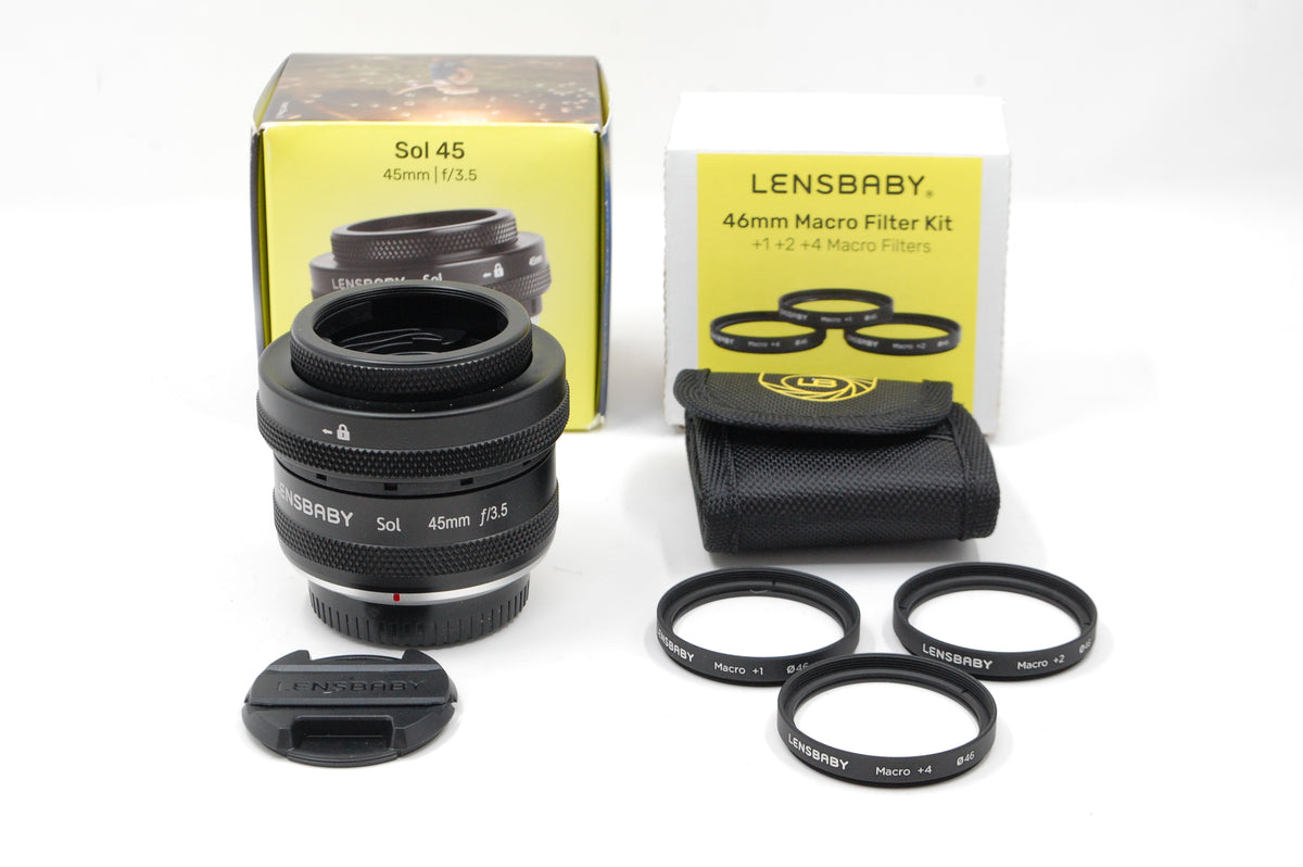 USED Lensbaby Sol 45mm f/3.5 Lens for Fuji X Cameras with Lensbaby 46mm Macro Filters Bundle