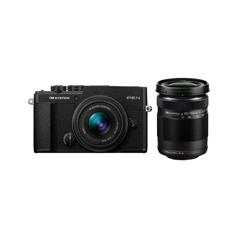 OM SYSTEM PEN Black camera with M.Zuiko 14-42mm and 40-150mm black lens kit