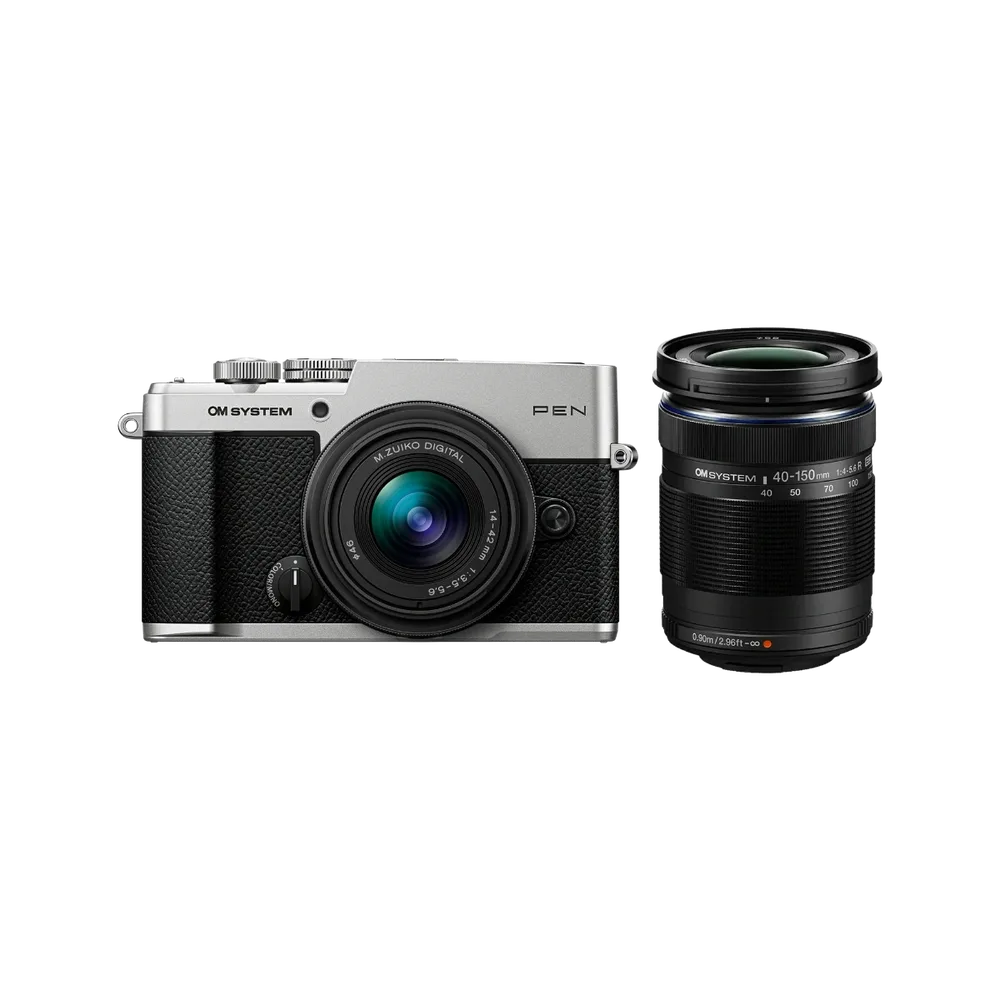OM SYSTEM PEN Silver camera with 14-42mm and 40-150mm lens kit