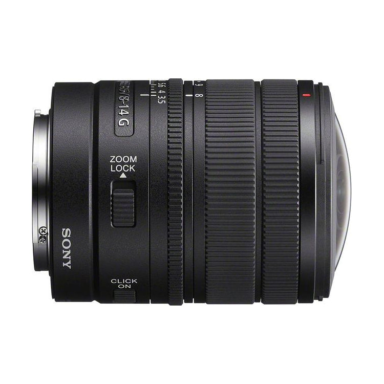 Sony SEL814G lens in an alternate side view emphasizing the zoom lock switch.