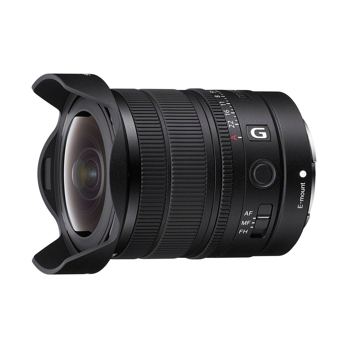 Sony SEL814G lens in a horizontal front three-quarter view with the lens hood attached.
