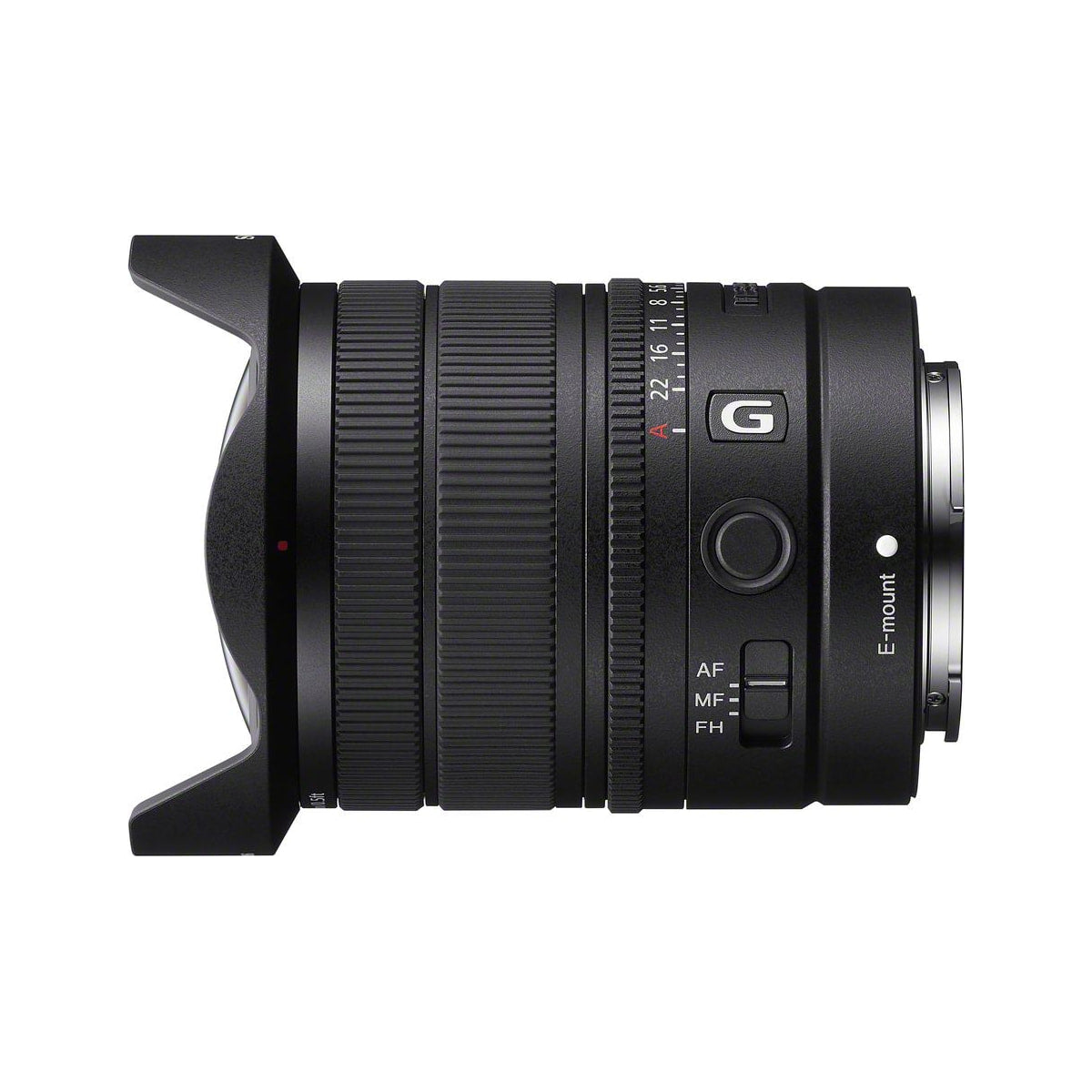Sony SEL814G lens in side profile with the hood attached and focus controls visible.