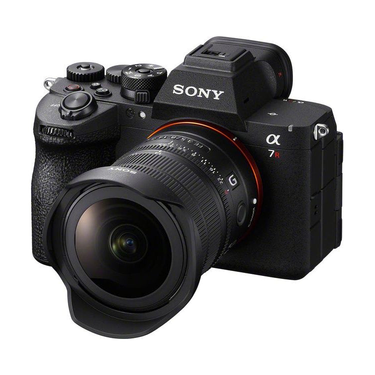 Sony SEL814G lens with its hood attached, shown mounted on a Sony camera for demonstration.