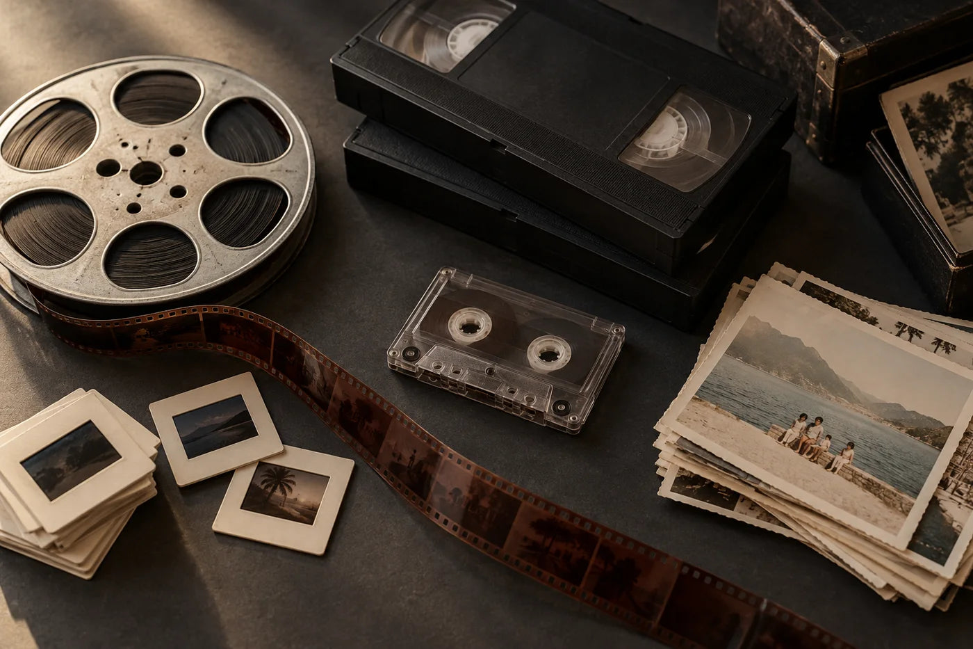 A collection of film reels, VHS tapes, an audio cassette, slides, negatives, and family photographs